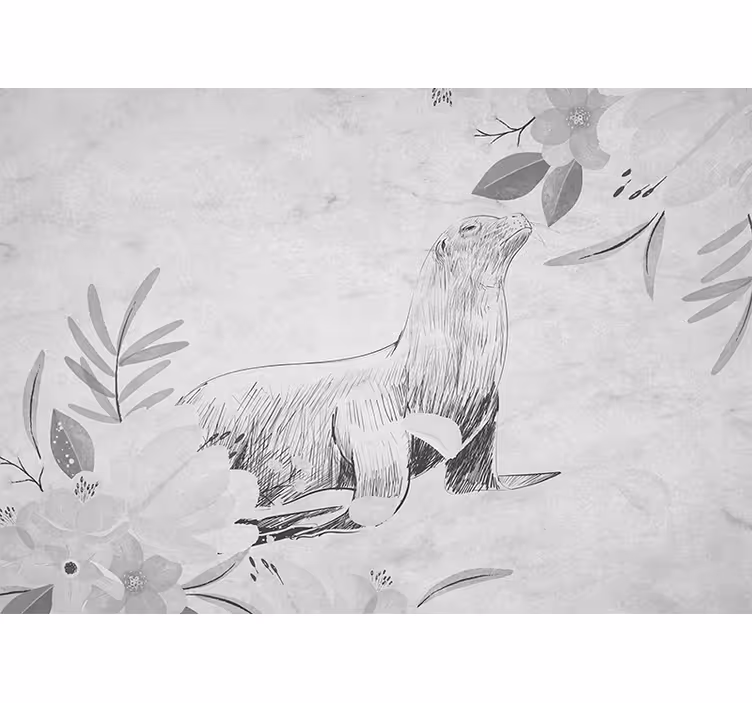 White roller blind with swimming gray seal and flowers - TenStickers