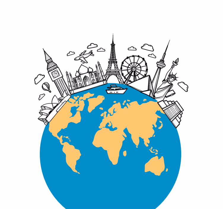 Living room roller blind world map landmark icons - TenStickers