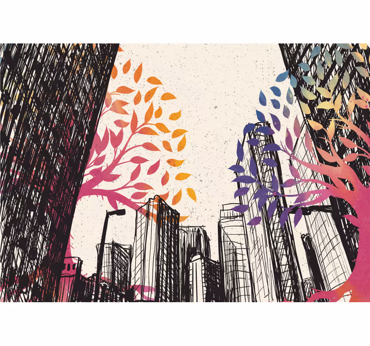 Living room roller blind urban trees and skyscrapers - TenStickers