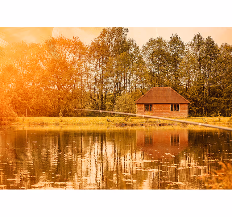 Living room roller blind brown houses by the lake - TenStickers