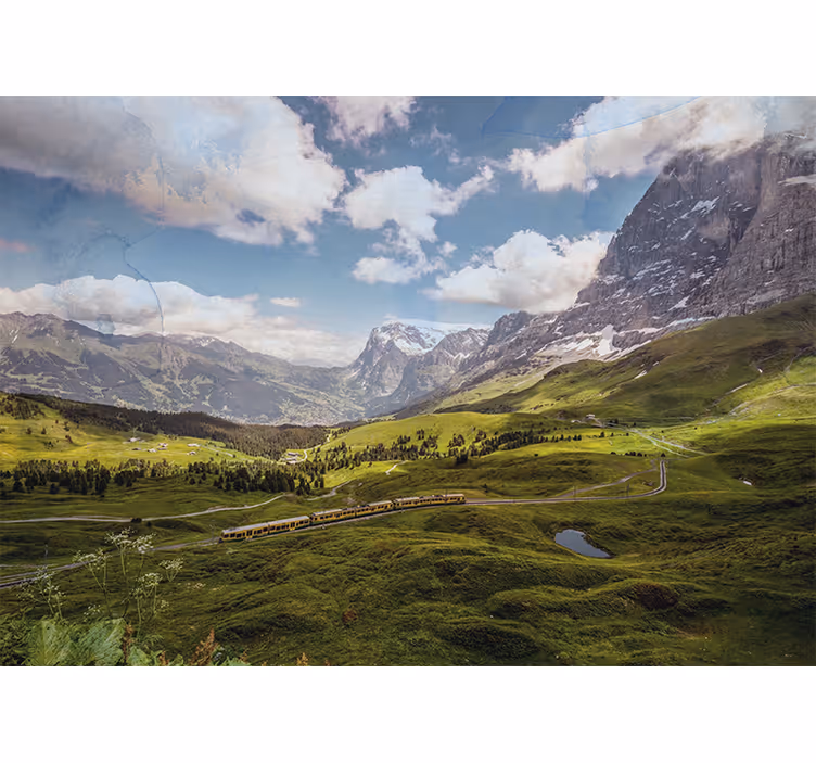 Living room roller blind green field mountains train - TenStickers