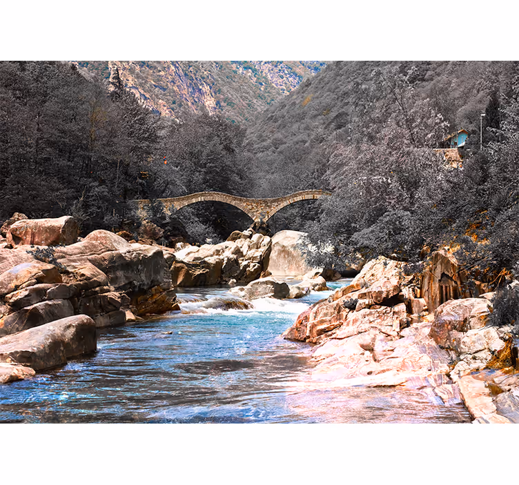Living room roller blind forest river with stone bridge - TenStickers