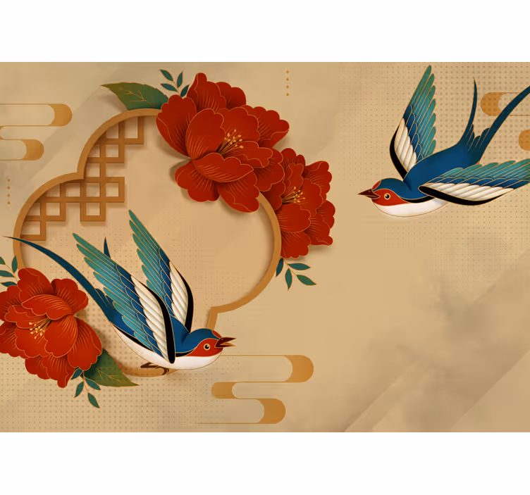 Beige roller blind birds and flowers 3d design - TenStickers