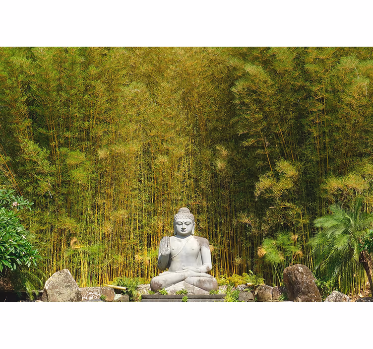 Zen roller blind with gray buddha gazing at greenery - TenStickers