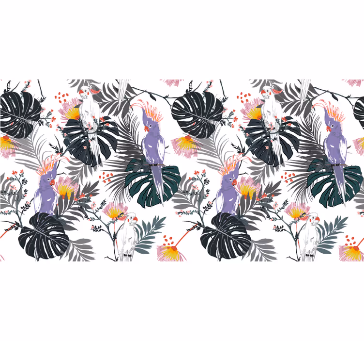 Jungle wall mural red and purple parrots on leaves - TenStickers