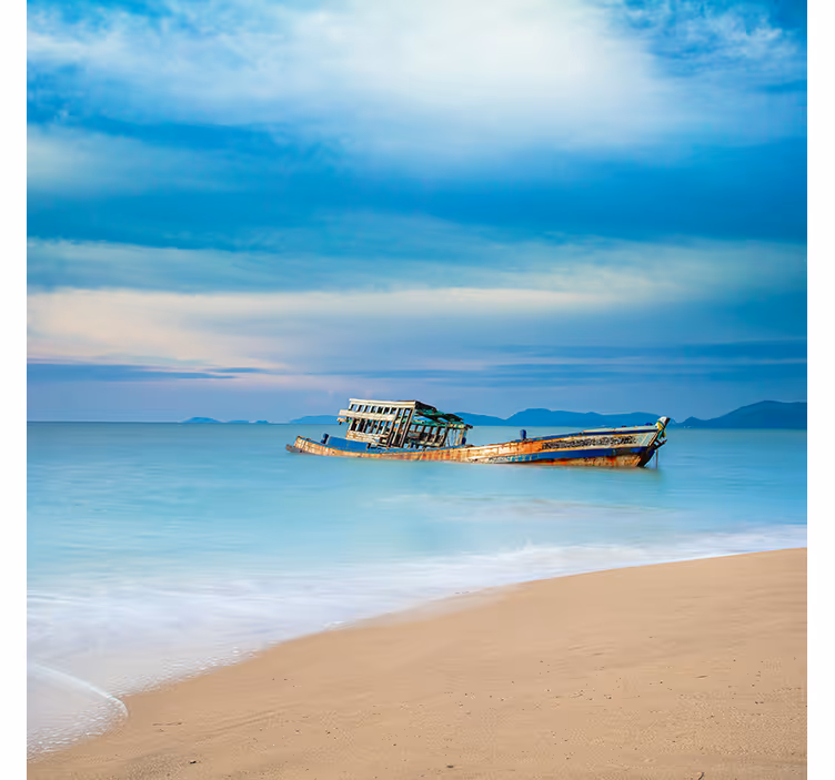 Blue wall mural boat on the beach - TenStickers