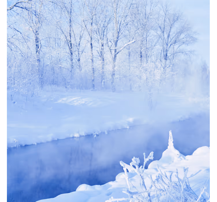 Blue wall mural of white frozen trees and river - TenStickers