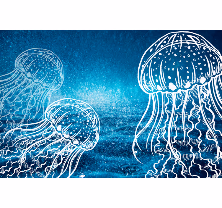Blue wall mural featuring blue and white jellyfish - TenStickers