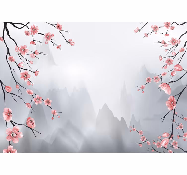 Gray wall mural with cherry blossoms and mountains - TenStickers