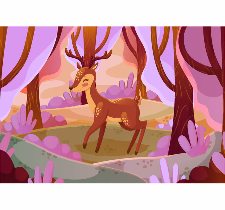 Pink tree in sprint with deer Kids wall Murals - TenStickers