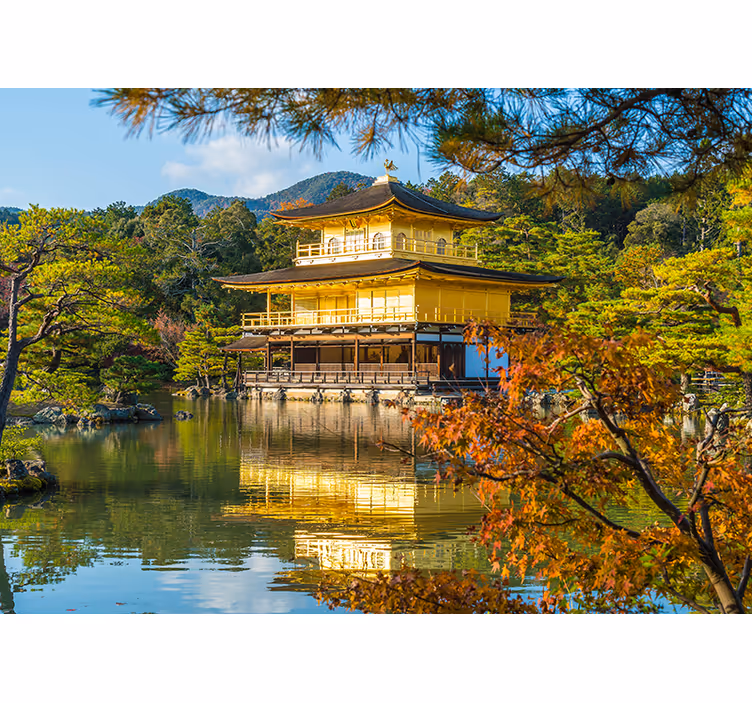 Landscape mural wallpaper golden pavilion reflection - TenStickers