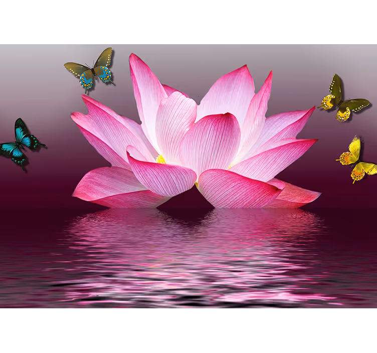 Pink lotus flower with butterflies wall mural - TenStickers