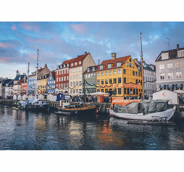 City wall mural vibrant lakeside cottages - TenStickers