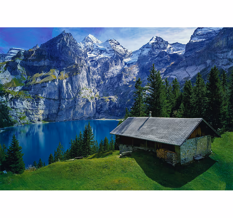 Landscape mural wallpaper mountain lake view - TenStickers
