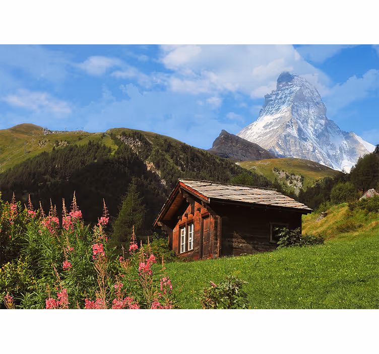 Landscape mural wallpaper mountain lodge scene - TenStickers