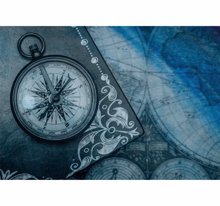 Old compass on blue world map mural - TenStickers