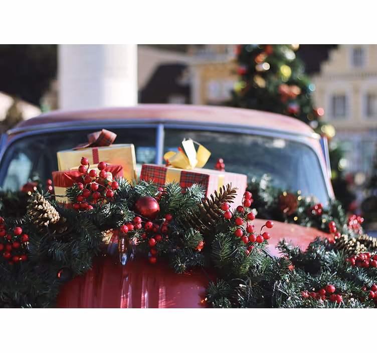 Green and red wreath on red car wall mural - TenStickers