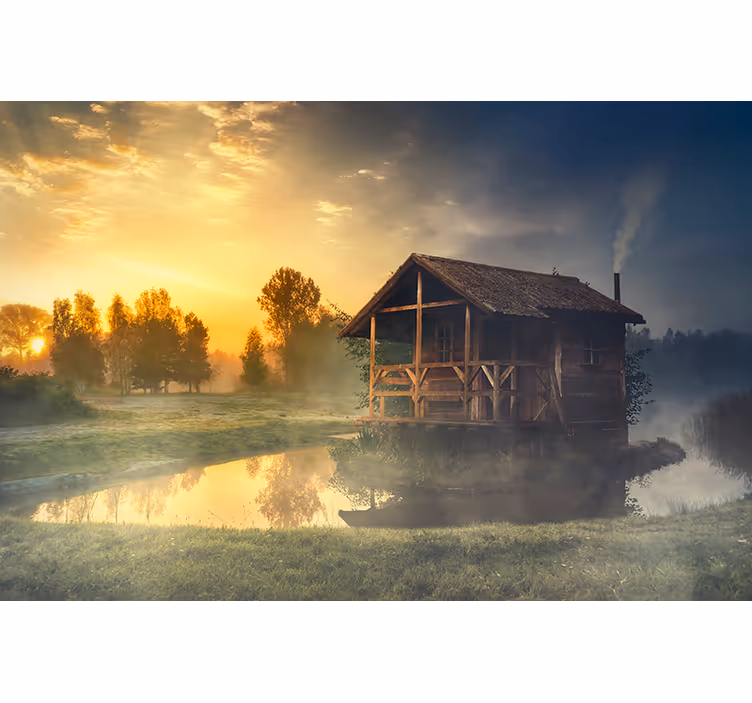 Landscape mural wallpaper serene cabin sunset - TenStickers