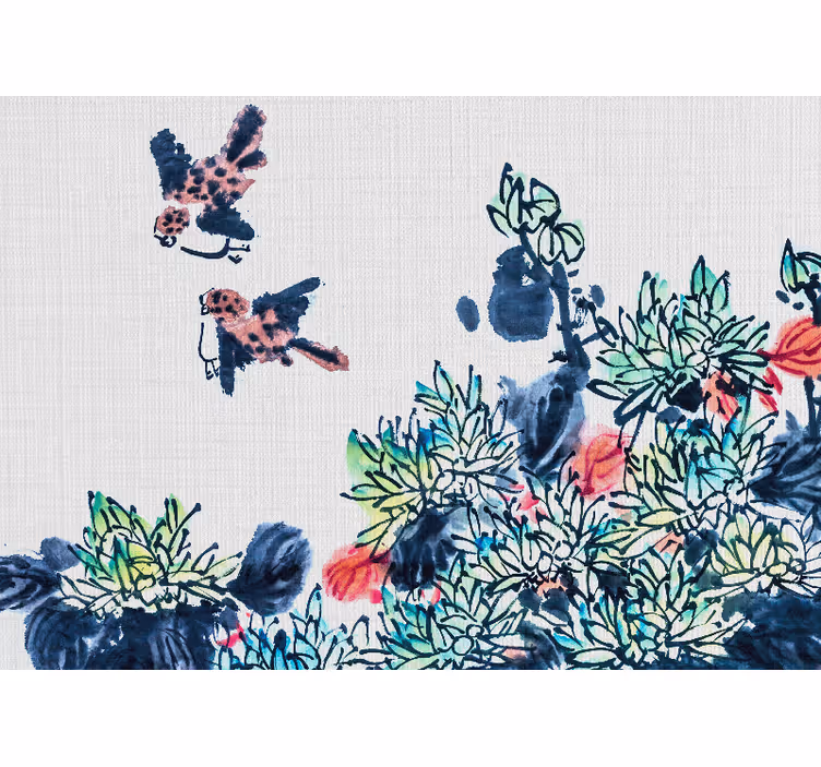 Japandi forest painting with birds wall mural - TenStickers