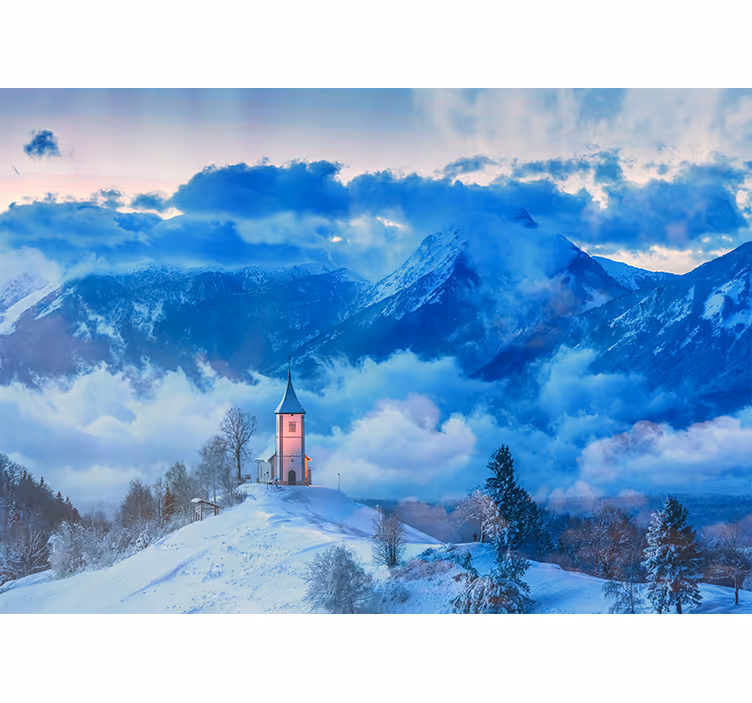 Snowy mountain scene landscape mural wallpaper - TenStickers