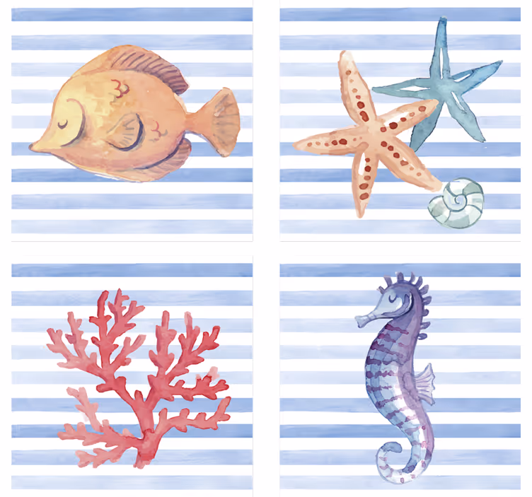Sea Life watercolor marine life coasters - TenStickers