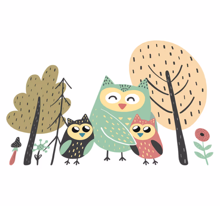 Animal vinyl rug with colorful owls in tree - TenStickers