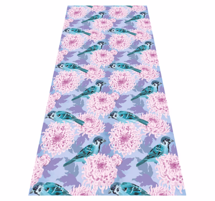Flower vinyl rug featuring pink garden flowers with birds - TenStickers