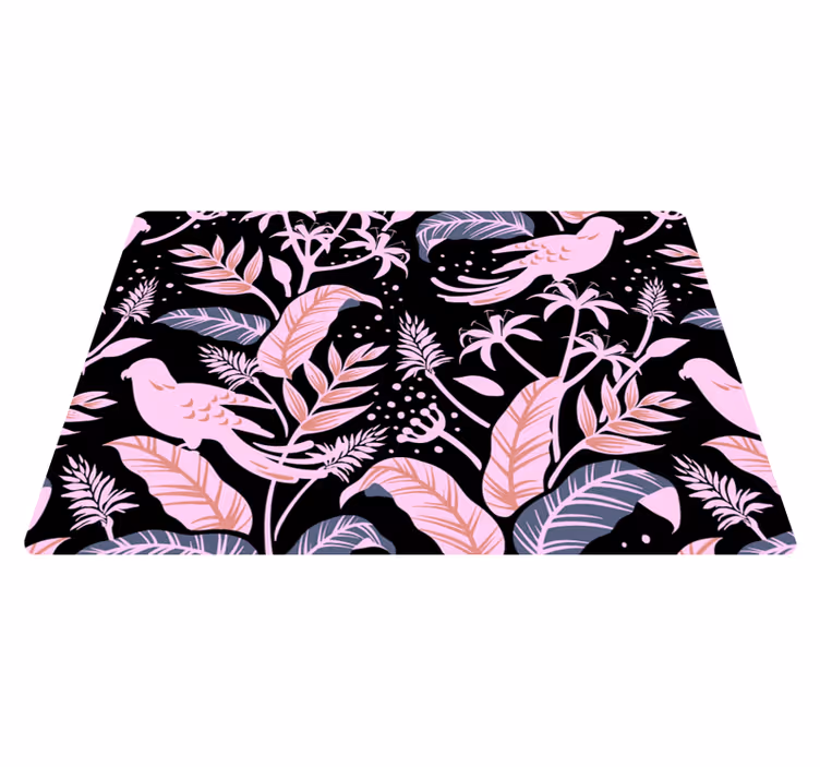 Flower vinyl rug with black and pink birds on leaves - TenStickers