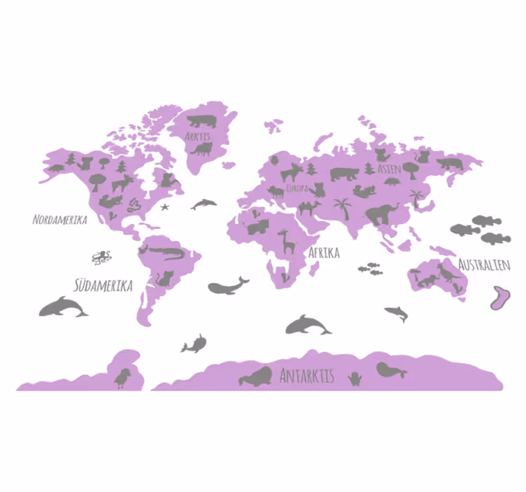 World map vinyl rug pink and grey animal design - TenStickers