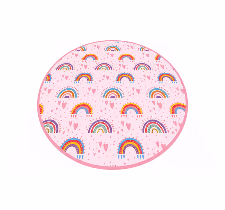 Kids vinyl rug with pink dots and colorful rainbows - TenStickers