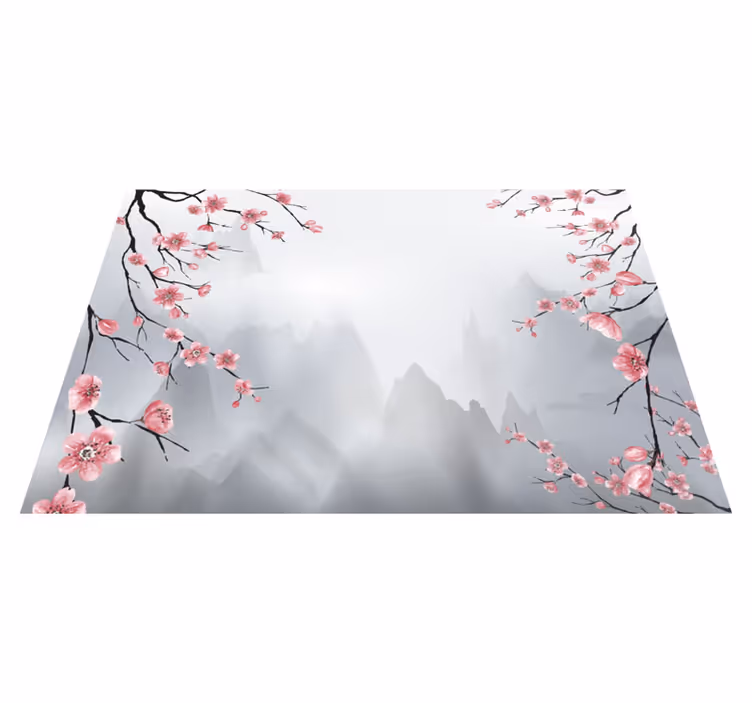 Gray vinyl rug with cherry blossoms and mountains - TenStickers