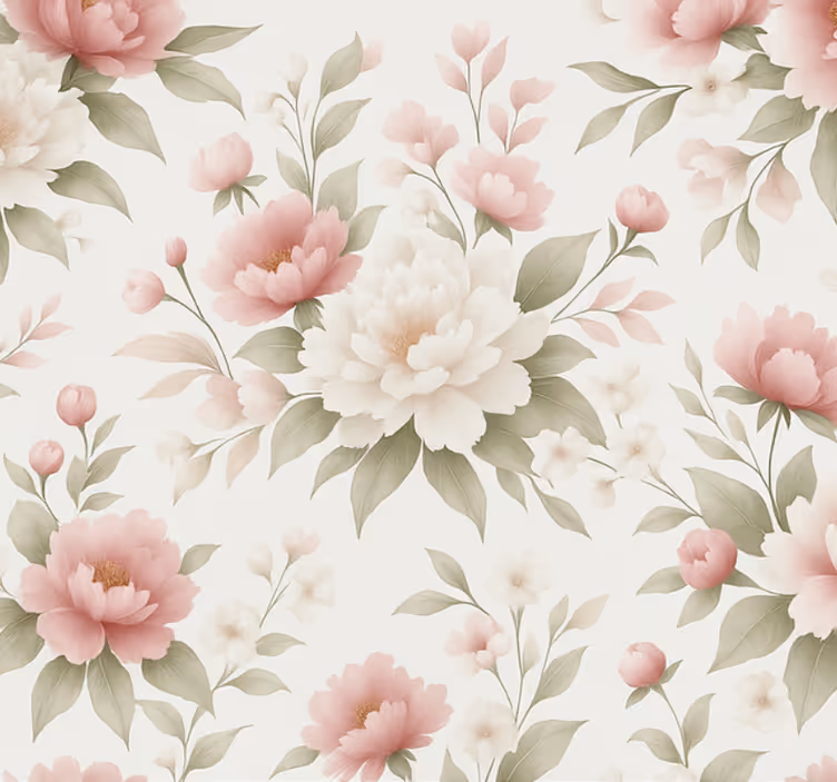 Living room wallpaper white pinky peony floral - TenStickers