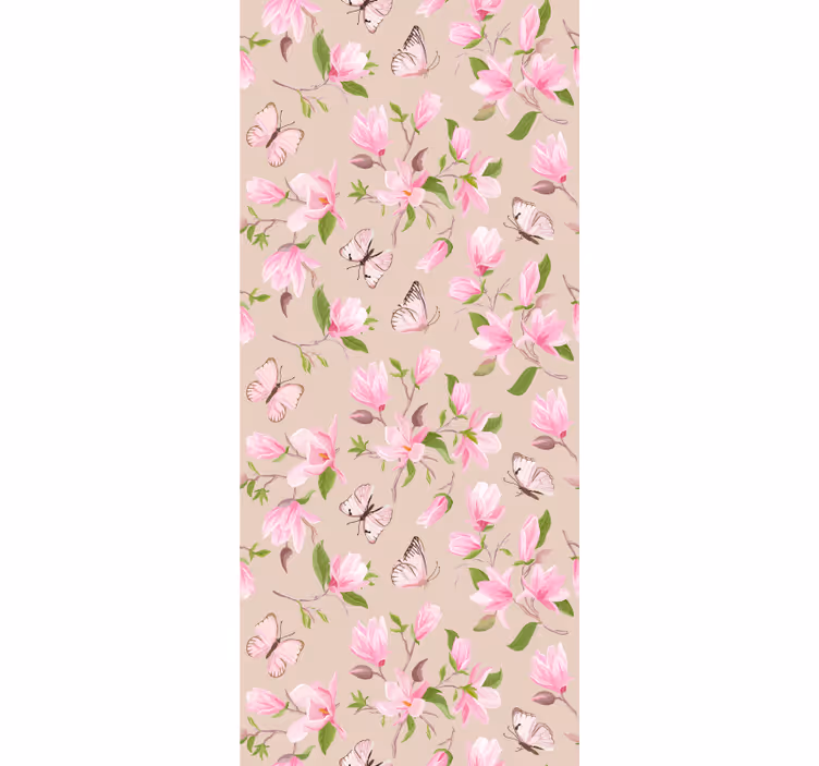 Floral ornament wallpaper pink magnolia and butterfly - TenStickers