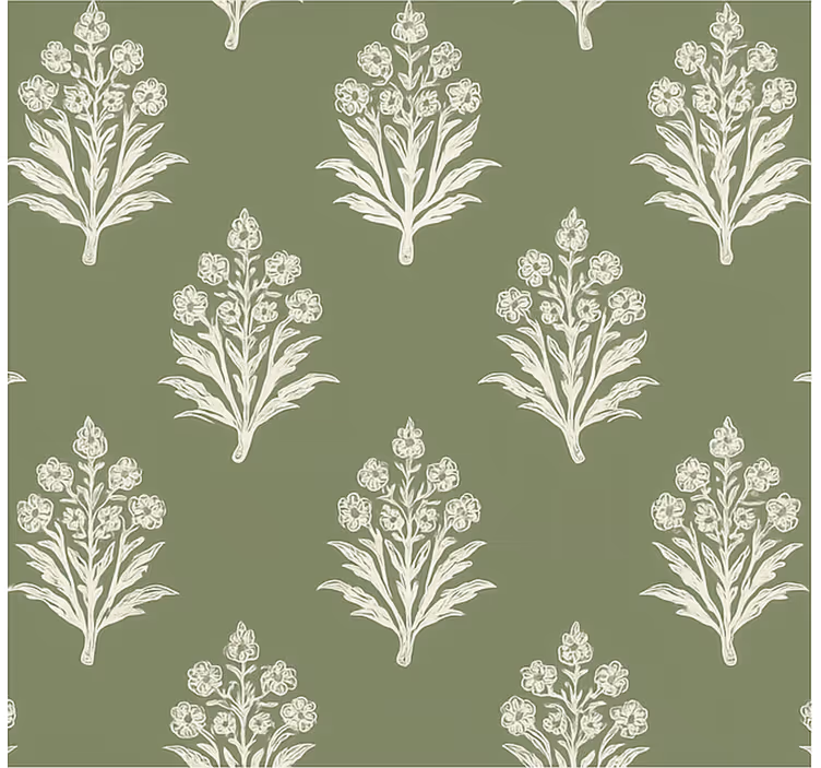 Flower wallpaper muddy green floral blockprint - TenStickers