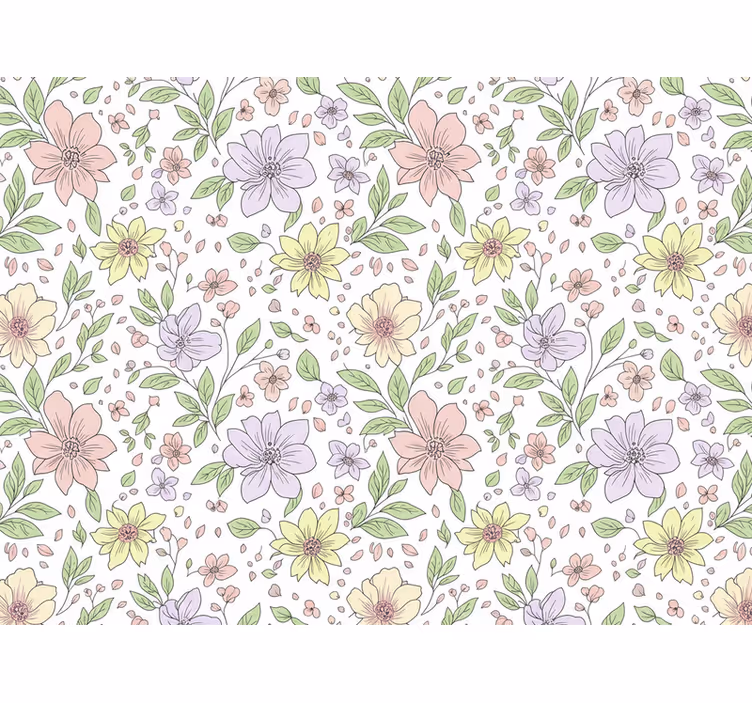 Leaf wallpaper with soft flowers in various colors - TenStickers