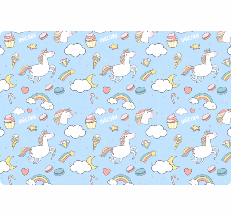 Blue wallpaper with cute colorful unicorns and rainbows - TenStickers