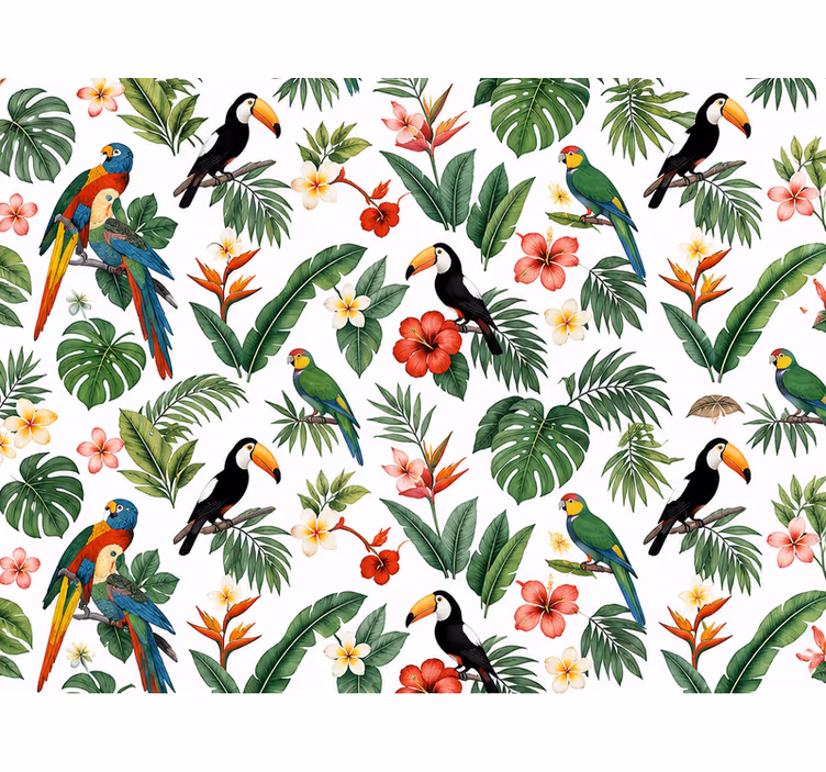 Leaf wallpaper featuring parrot toucan palm design - TenStickers