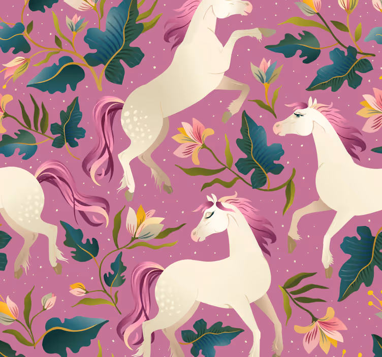 Pink and floral horse design bedroom wallpaper - TenStickers