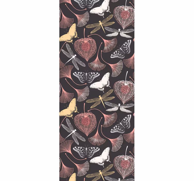 Pink leaves black butterfly pattern wallpaper - TenStickers