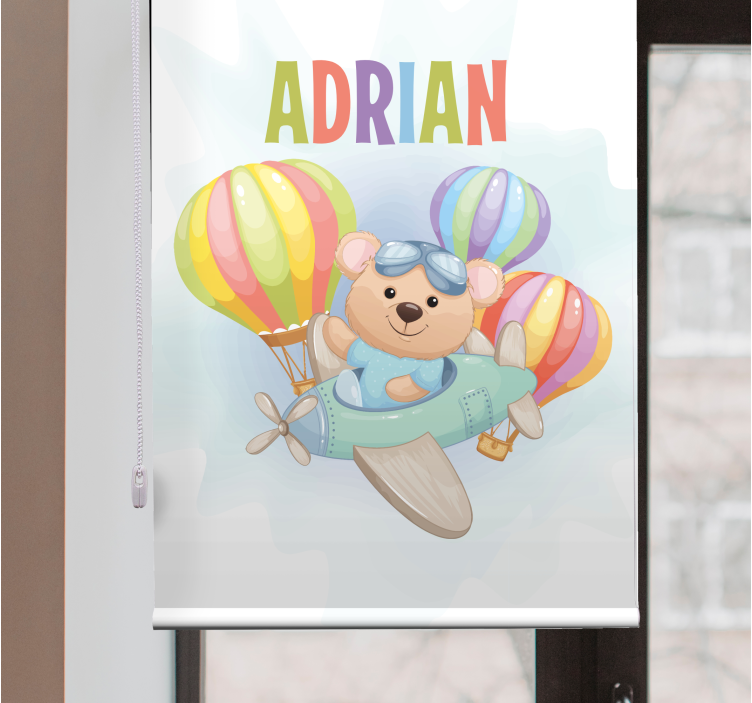 Bear in airplane with name children room roller blind - TenStickers