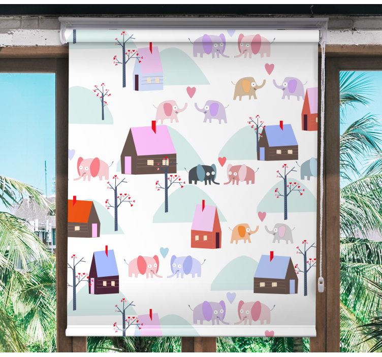 Elephants and houses children room roller blind - TenStickers