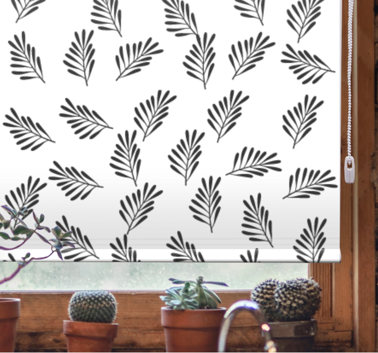 Leafy black and white motif flowers and plants roller blind - TenStickers