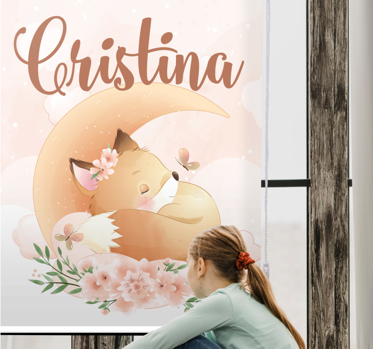 Sleeping fox on moon with name children room roller blind - TenStickers
