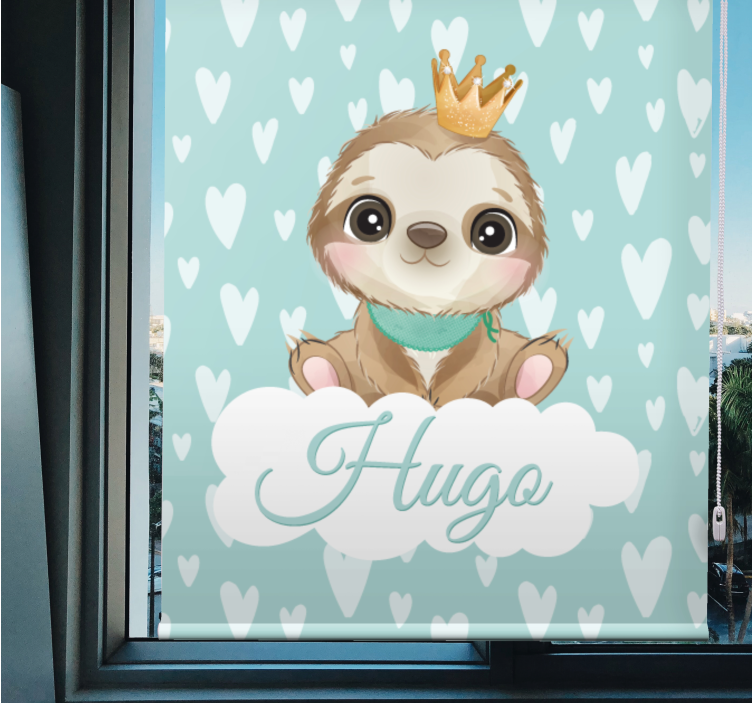 Sloth with crown and name children room roller blind - TenStickers