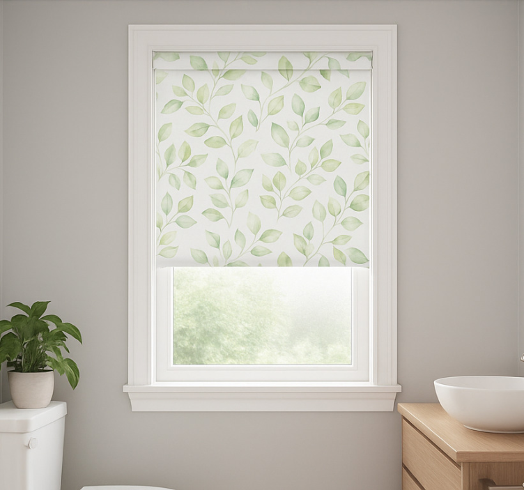 White background with leaves bathroom roller blind - TenStickers