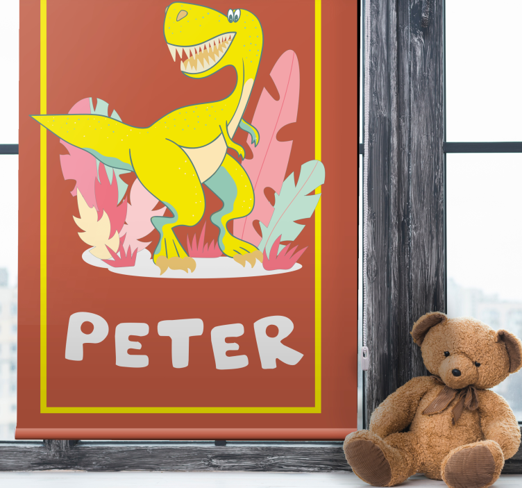 Yellow T-Rex with name dinosaur roller blind - TenStickers