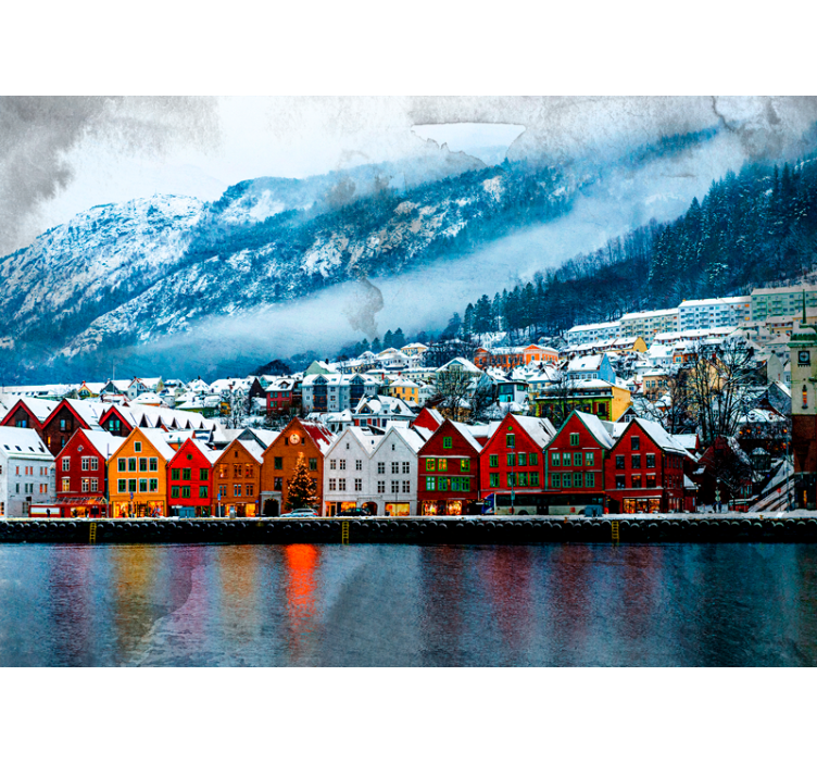 City wall mural colorful lakeside cabins - TenStickers