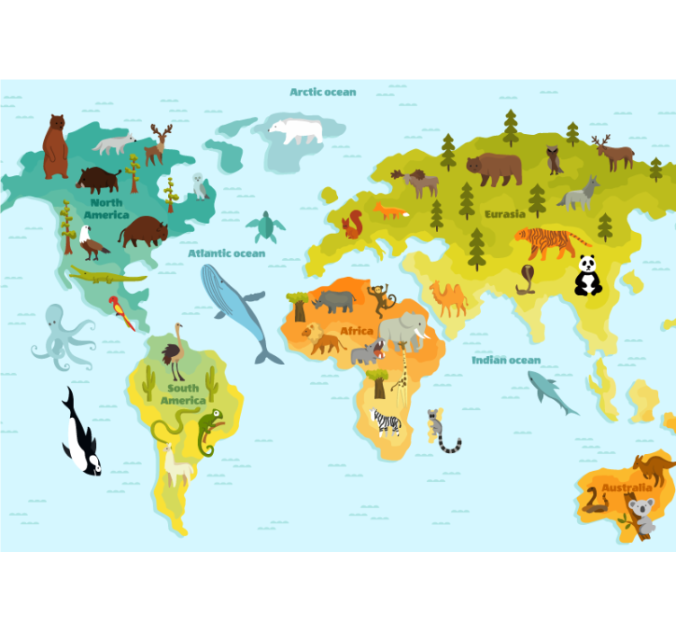 World map wall mural animal global adventure - TenStickers