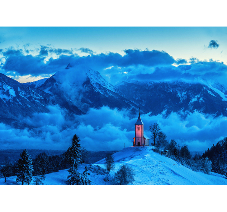Snowy Church mountain wall mural - TenStickers