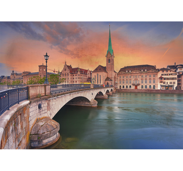 City wall mural zurich bridge at sunset - TenStickers